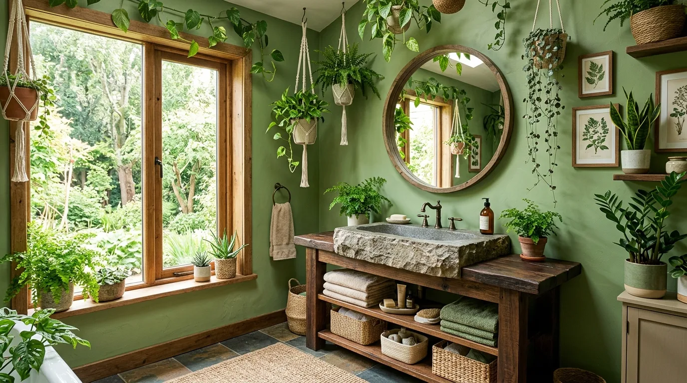 Use deep green walls for a cocooning effect inspiration for a green bathroom.